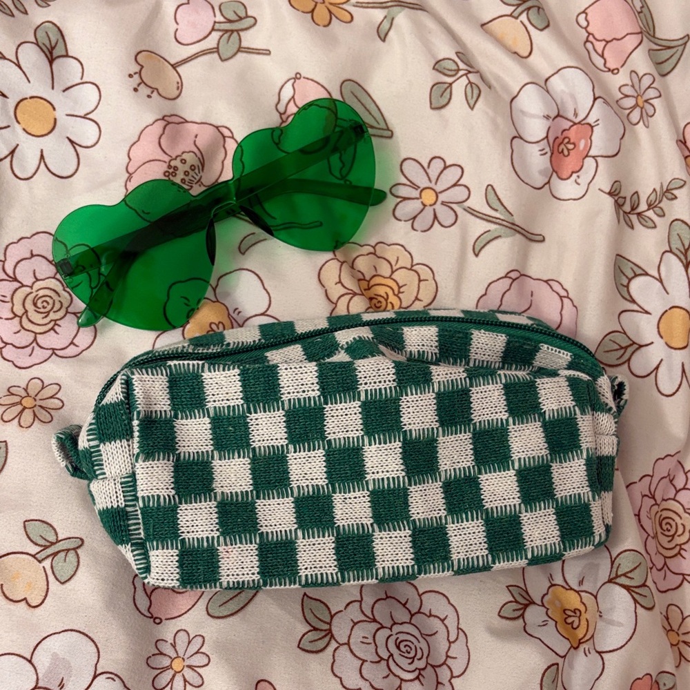 Green Checkered Pouch and Sunglasses Set